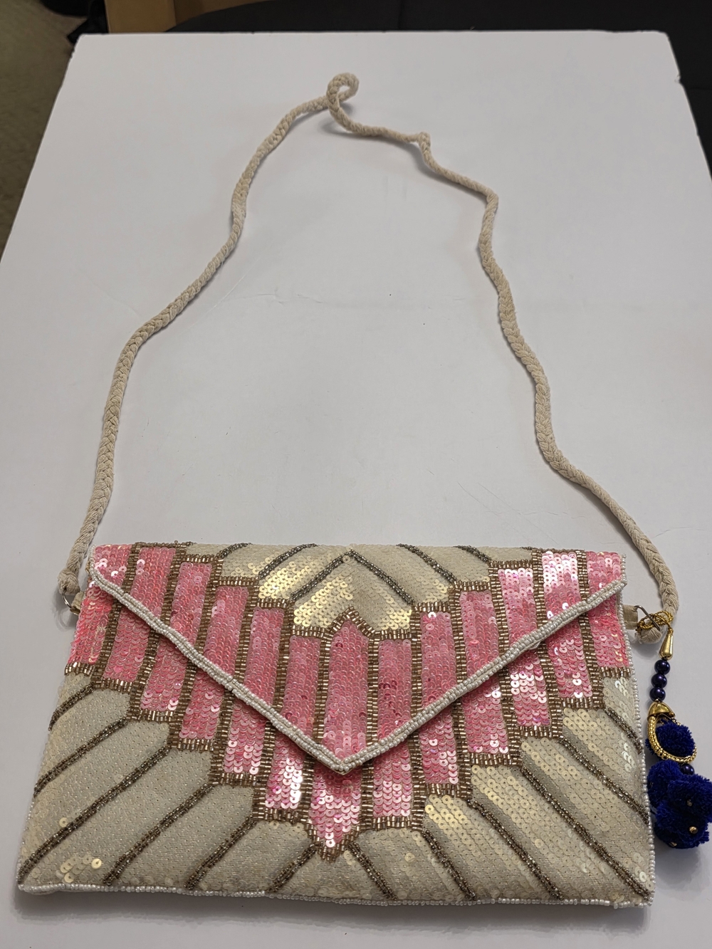 Beaded Pink and Cream Envelope Shoulder Bag